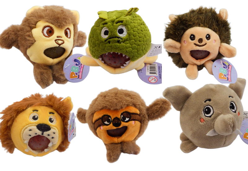 Set of six plush toys with different animal designs on a white background