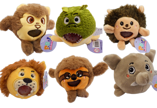 Set of six plush toys with different animal designs on a white background