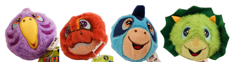 Four colorful plush Dinosaur toys with different animal designs on a white background