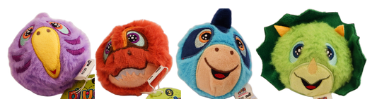 Four colorful plush Dinosaur toys with different animal designs on a white background