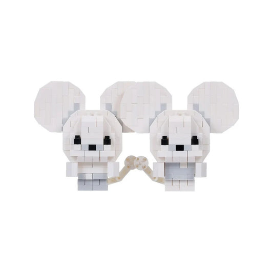 A pair of white and light gray block-built mouse figurines holding a small beige heart, set against a plain white background.