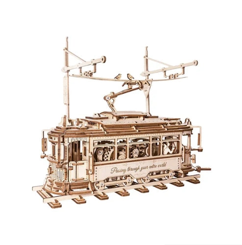 Wooden model of a tram with intricate details on a white background