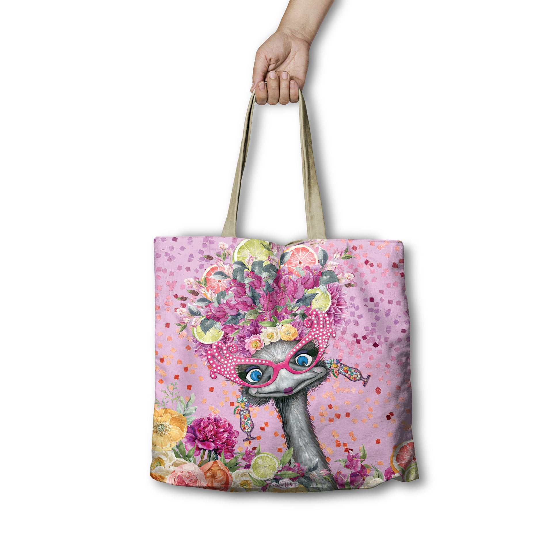 Tote bag with a colorful design of a cat wearing sunglasses and a flower hat on a white background.