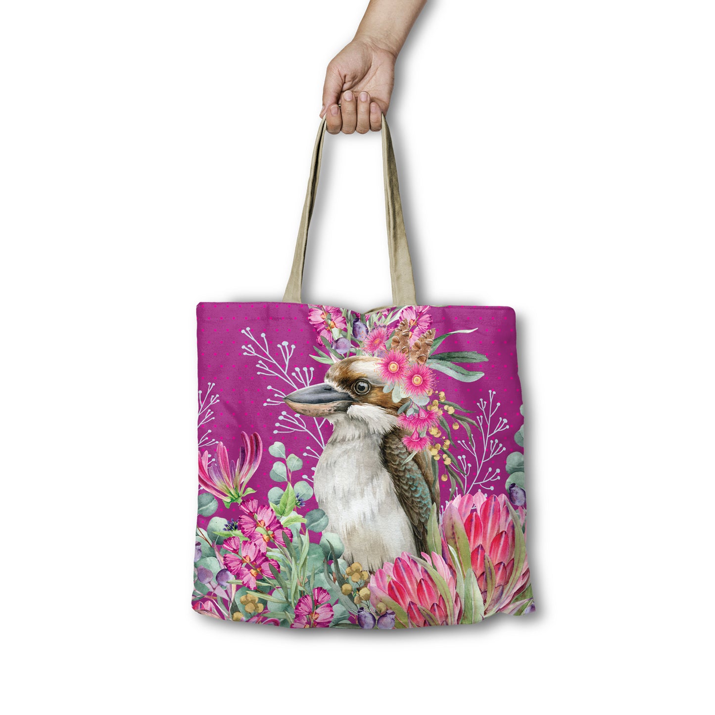 Tote bag with a kookaburra design on a white background