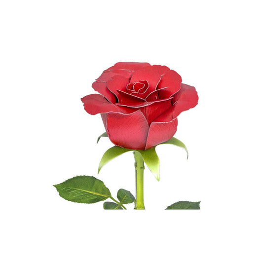 Red metal rose with layered petals, green stem, and matching leaf set
