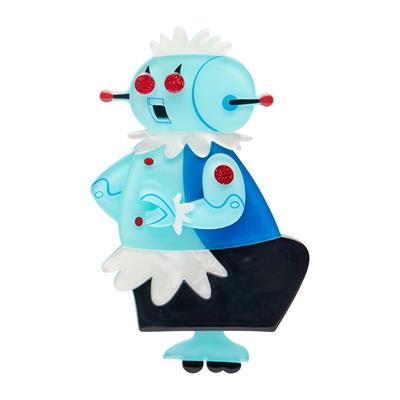 Rosie the robot erstwilder brooch figure with a blue face, red eyes, and black shoes on a white background