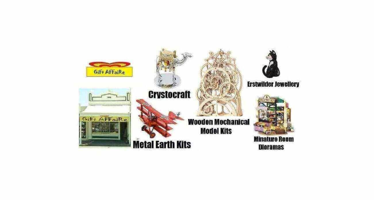 Gift Affaire Moonta South Australia Collection of model kits and jewelry on a white background