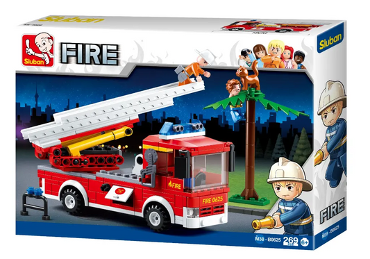 Sluban Fire Engine building block set packaging with fire truck and figures on a white background
