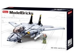 ModelBricks toy set packaging with a fighter jet and figure on a white background