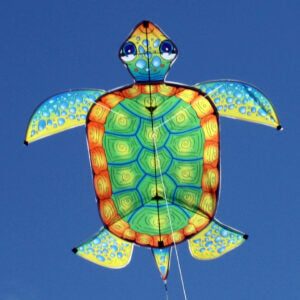 Colorful turtle-shaped kite against a clear blue sky