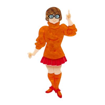 Velma Dinkley Erstwilder Brooch figure in orange sweater and skirt with glasses on a white background