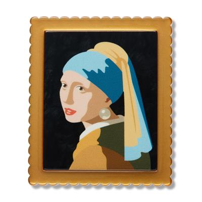 Framed artwork of a woman with a pearl earring on a white background