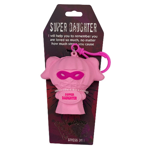 Pink stress doll with superhero mask on packaging labeled 'Super Daughter'.
