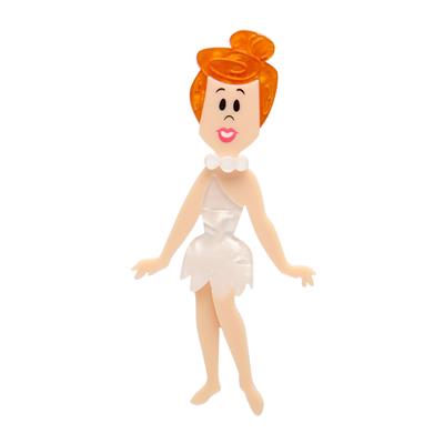 Wilma Flintstone Erstwilder brooch of a character with red hair and a white dress on a white background