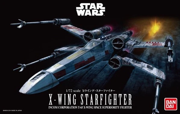 Model kit of a Star Wars X-Wing Starfighter with Bandai logo.