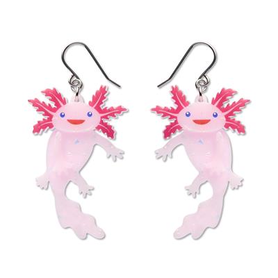 Pink axolotl-shaped earrings on a white background