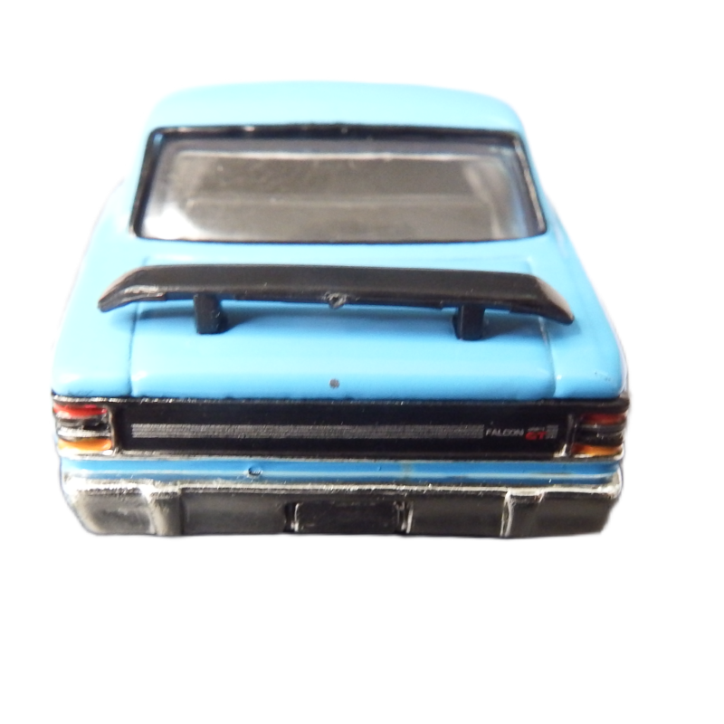 Model car with a blue body and black spoiler on a white background