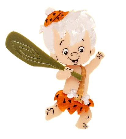 Bam Bam Rubble  Erstwilder brooch  a caveman child character holding a club on a white background