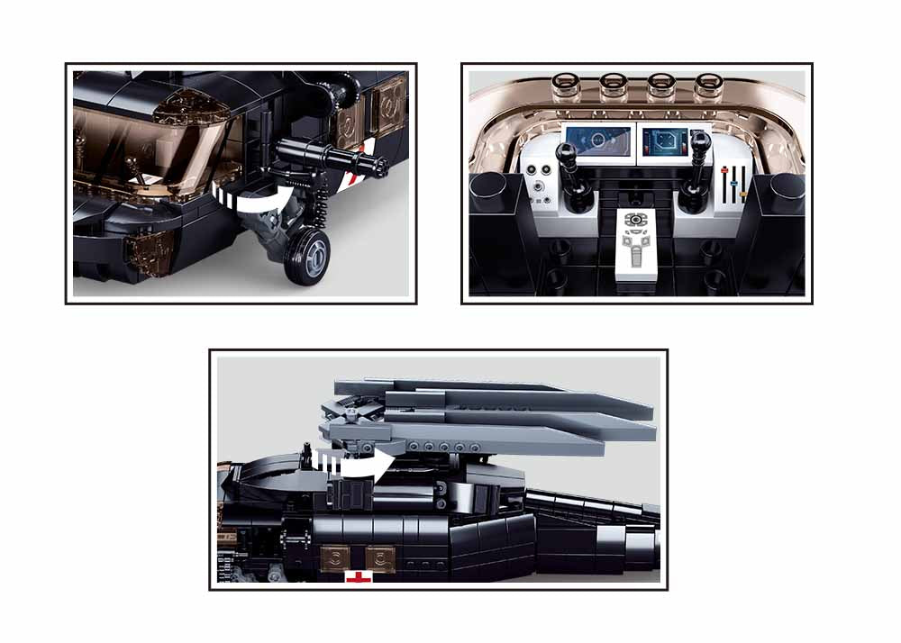Collage of a model vehicle's components on a white background
