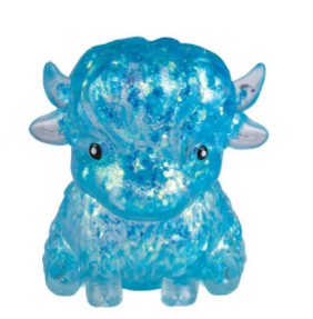 A small, translucent blue bull figurine with a glittery, sparkly texture, set against a plain white background.