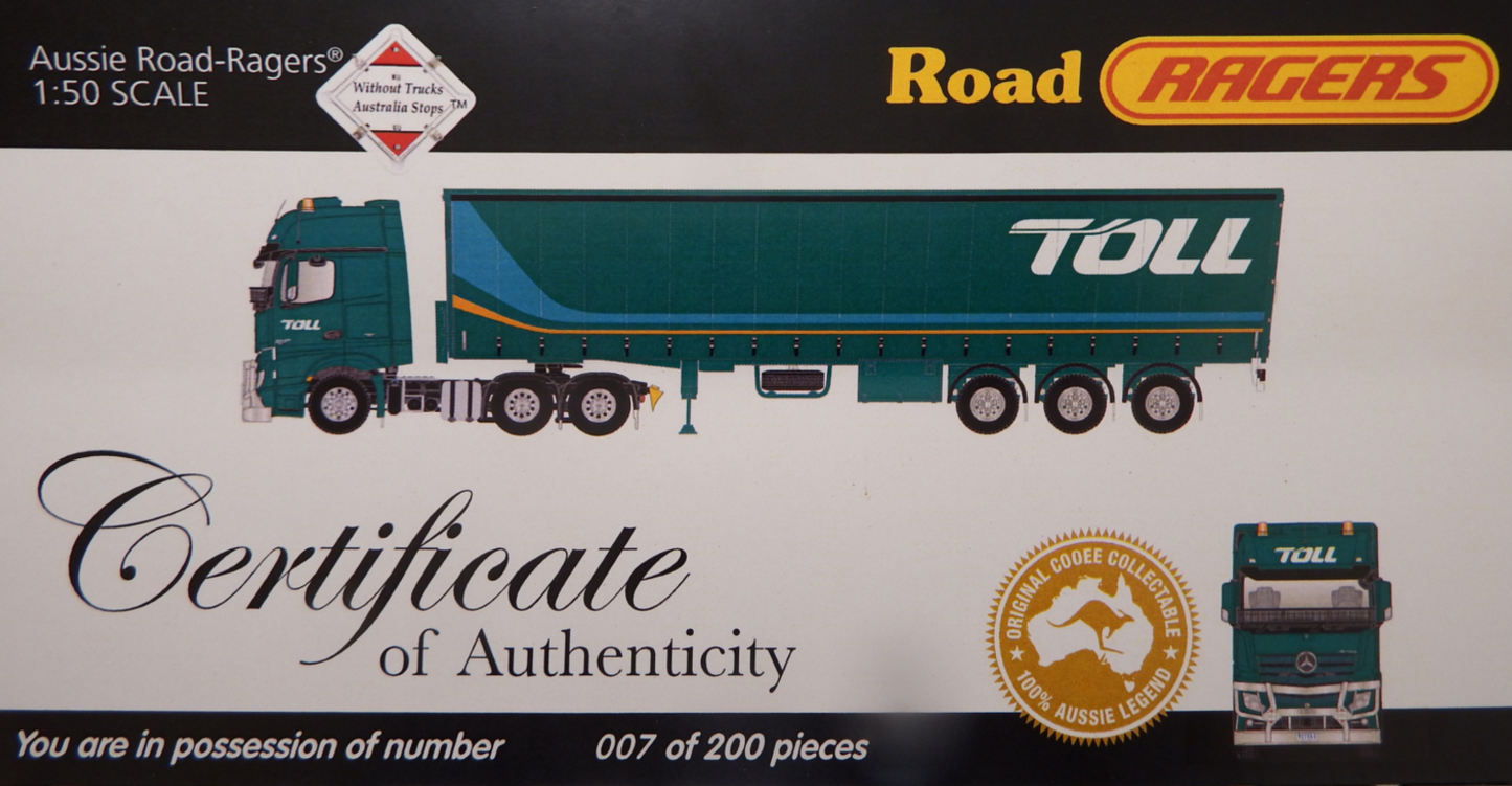 Certificate of Authenticity Model truck packaging with 'Road Ragers' branding and 'Toll' branding on a white background.