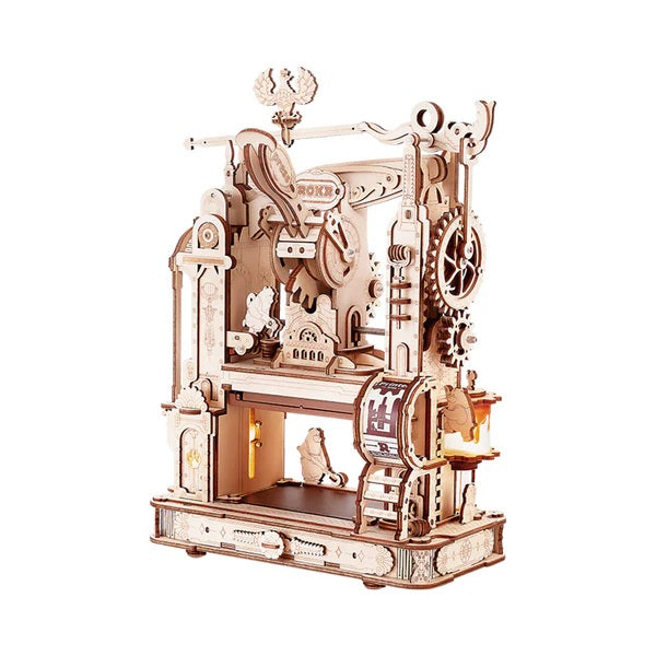 Wooden mechanical model printing press on a white background
