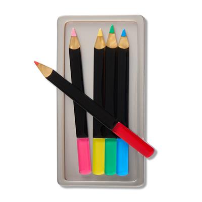 Set of colorful pencils with colored tips in a metal case on a white background