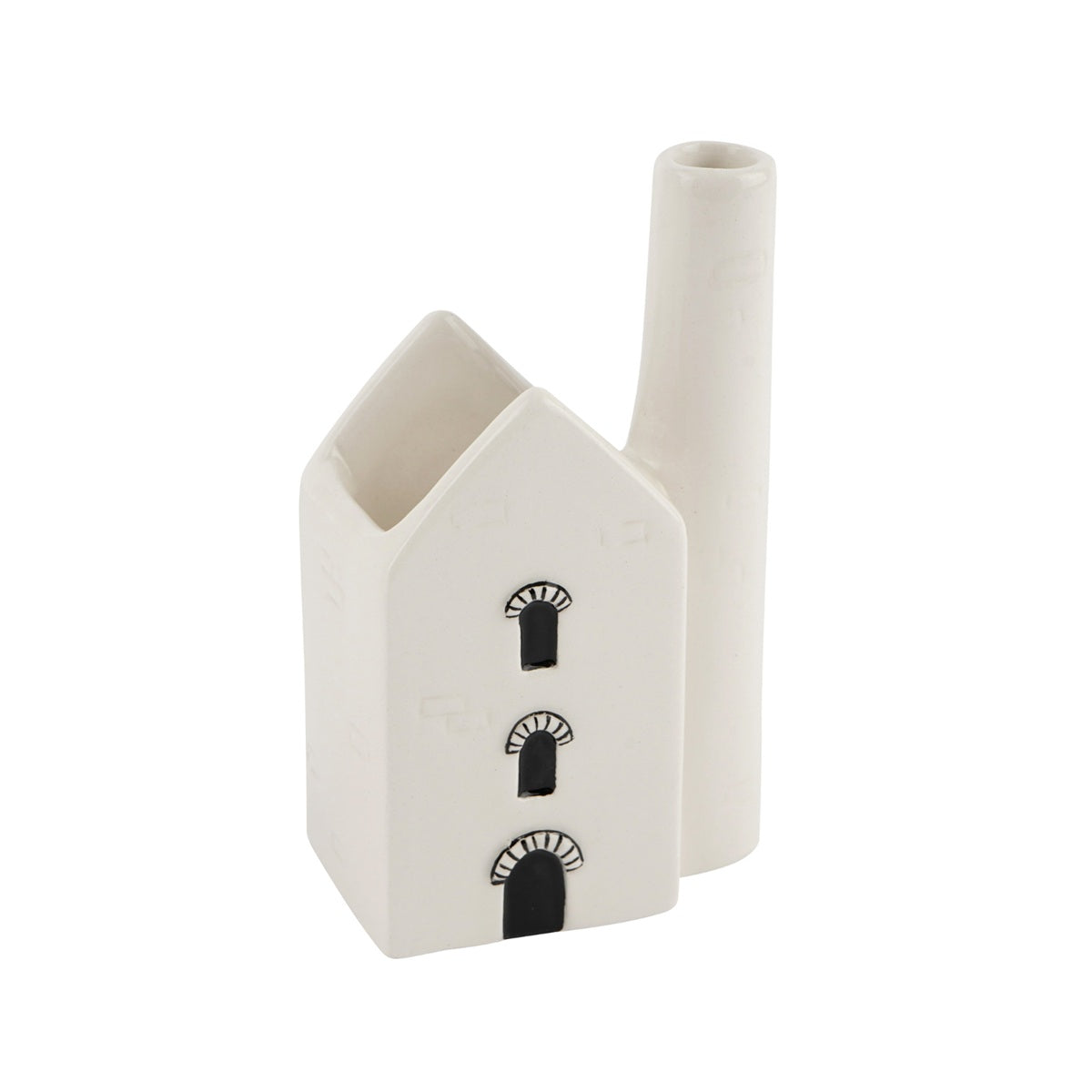 Ceramic cornish engine house-shaped vase with black details on a white background