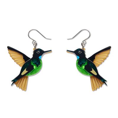 Hummingbird-shaped earrings on a white background