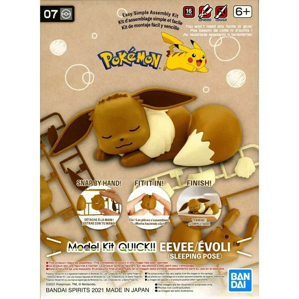 Pokémon Eevee model kit packaging with sleeping pose on a beige background