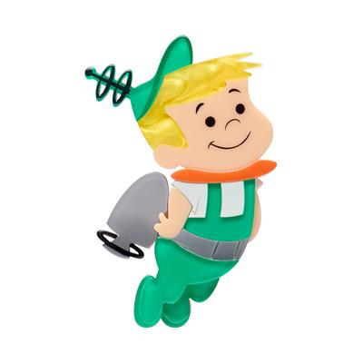 Elroy Jetson Erstwilder brooch character with a green hat and outfit on a white background