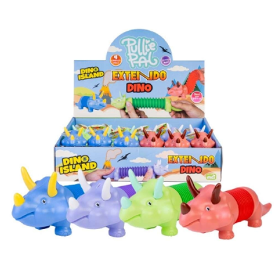 Display of colorful dinosaur toys with packaging labeled 'Pulle Pals' on a white background.