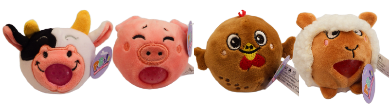 Four plush toys resembling a cow, pig, chicken, and sheep with tags on a white background.