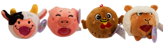 Four plush toys resembling a cow, pig, chicken, and sheep with tags on a white background.