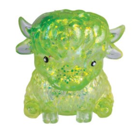 A small translucent green bull figurine made of glittery plastic, shown against a plain white background.