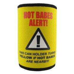 Yellow can holder with text 'Not Babes Alert!' and warning symbol on a white background