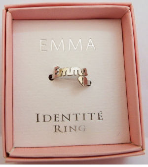 Stainless Steel Ring with 'EMMA' n in a pink box labeled 'IDENTITE RING'