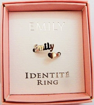 Stainless steel Ring with 'EMILY' design in a pink box labeed 'IDENTITE RING'.