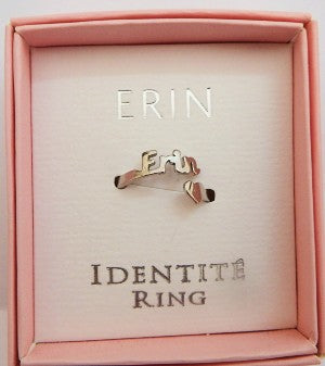 Stainless steel ring with 'ERIN' on it, displayed in a pink box with 'Identite Ring' text.