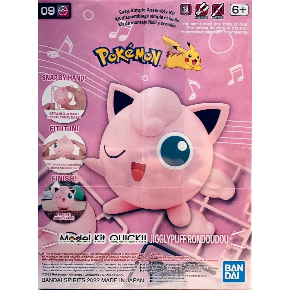 Pokémon Jigglypuff model kit packaging with Bandai logo on pink background