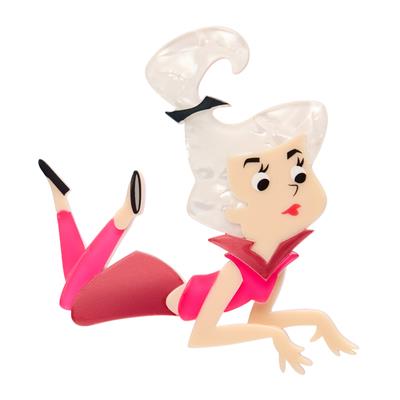 Judy Jetson Erstwilder Brooch character figure with white hair and pink outfit on a white background