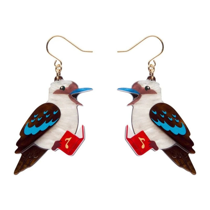 Kookaburra earrings with a white, brown, and red & blue design on a white background