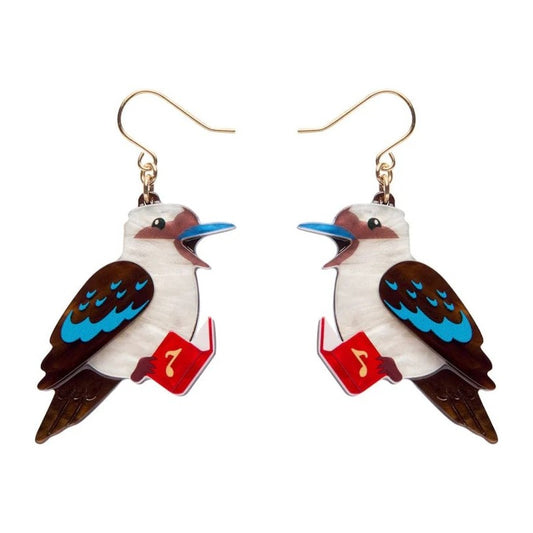 Kookaburra earrings with a white, brown, and red & blue design on a white background