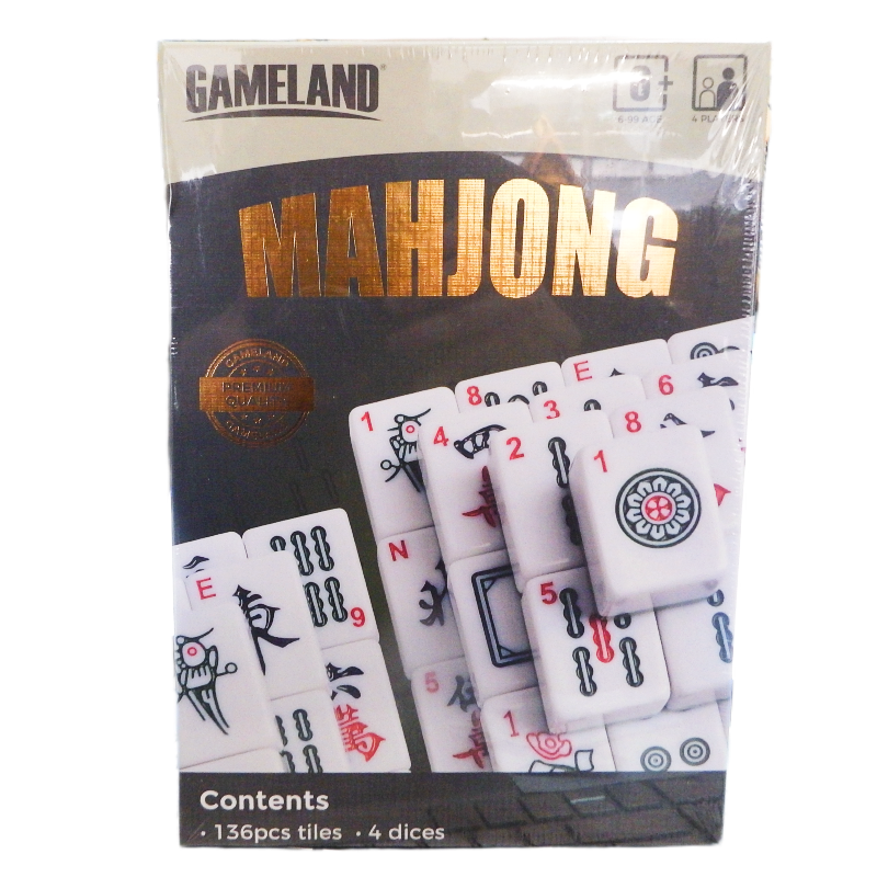 Packaged Mahjong game set with tiles and dice on a white background