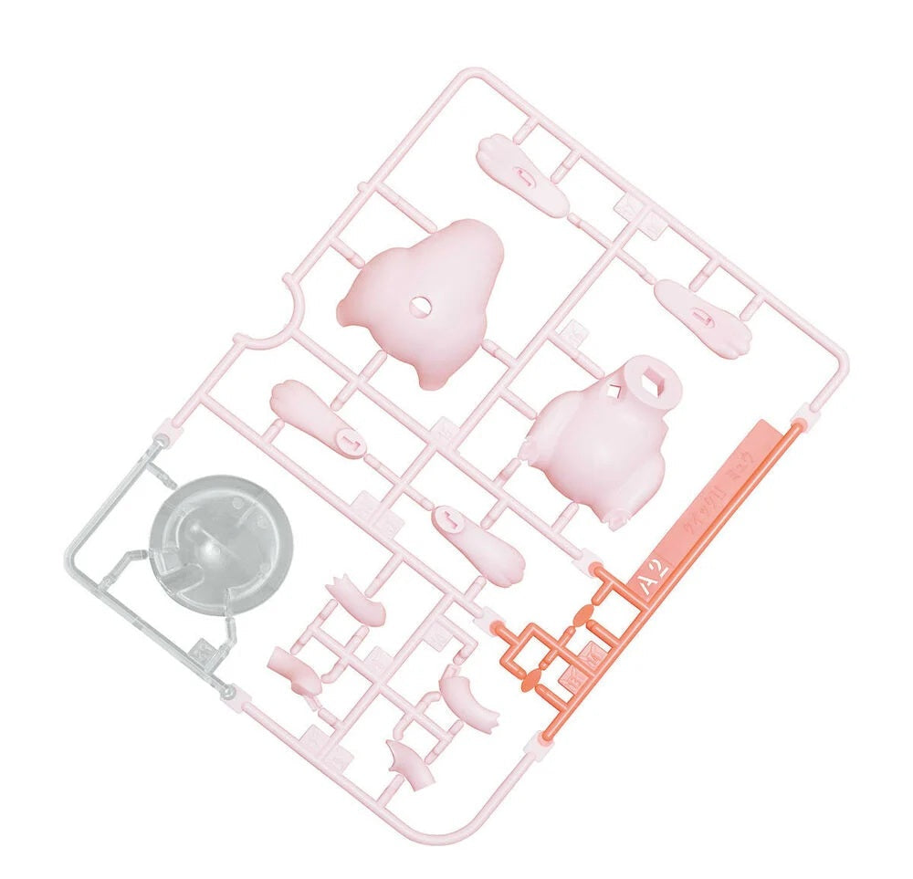 Pink plastic model kit with various parts on a white background