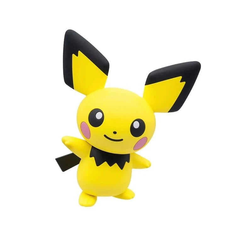 A yellow Pichu character figure with black-tipped ears, pink cheeks, and a black collar, standing against a plain white background.