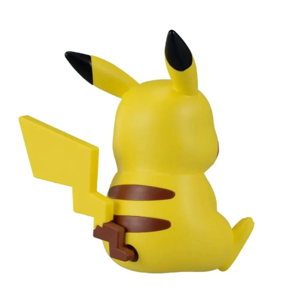 Yellow pickachu back view cartoon character with black ears and brown strip on a white backgrounds on back and lighing tail