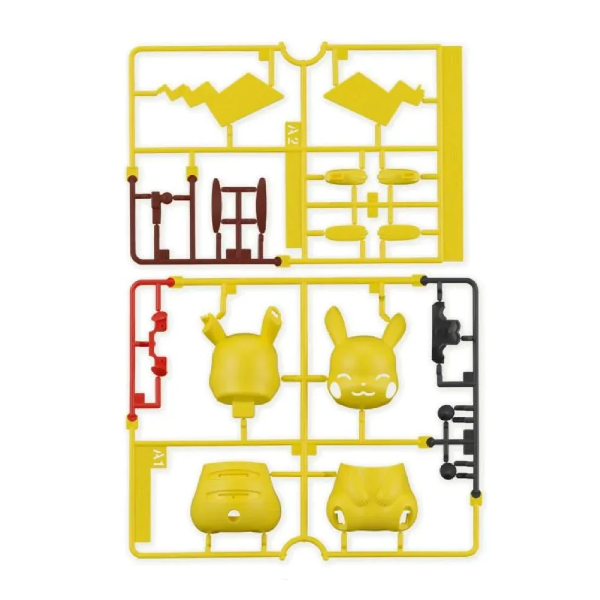 A plastic model kit sprue containing yellow, brown, red, and black unpainted parts on a clean white background.