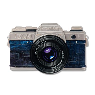 Camera with blue and black design on a white background