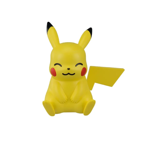A yellow Pikachu character figure with black-tipped ears, red cheeks, and a yellow lightning-shaped tail, shown against a plain white background.
